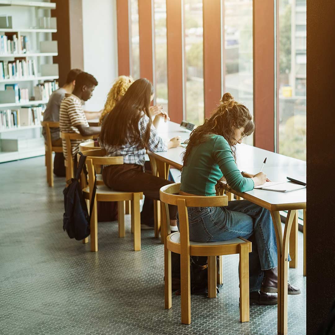 Eine Gruppe Studierende sitzen in einer Bibliothek und lernen